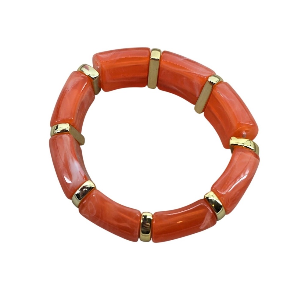 Stretch Bracelet Womens OS Bamboo Style Orange Marbled Gold Tone